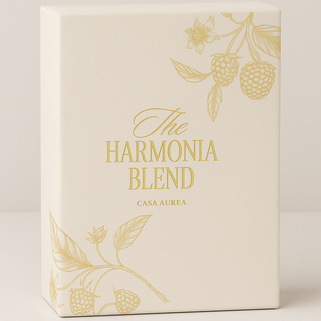 Beige packaging with gold text and floral designs, featuring 'The Harmonia Blend' by Casa Aurea.